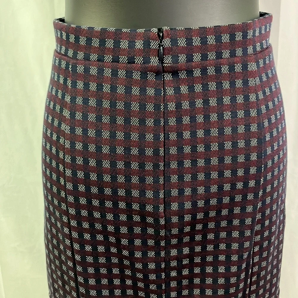 Ann Taylor Navy & Burgundy Plaid Ruffle Hem Pencil Skirt